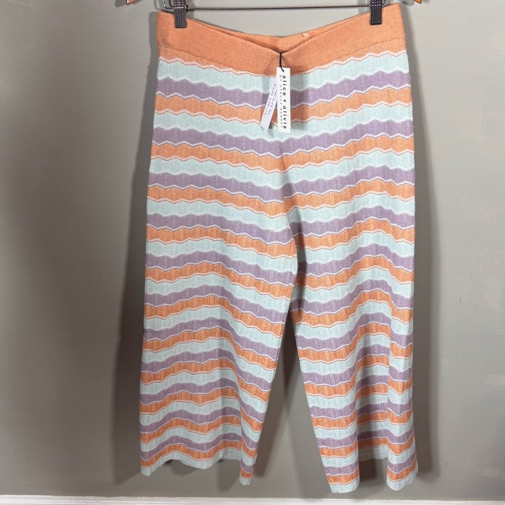 NEW Alice + Olivia Sz M Orange Stripe Wide Leg Pull On Metallic Crop Knit Pants